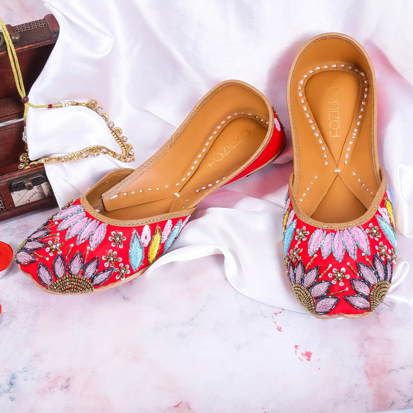 Fiery Bloom Embroidered Juttis